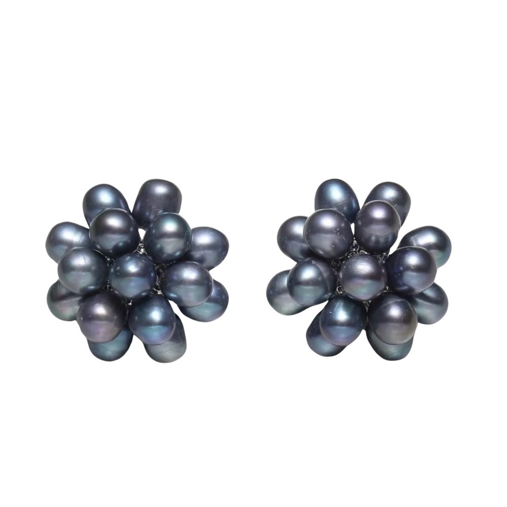 Black Freshwater Pearl Cluster Earrings – Handmade Floral Statement Studs,
